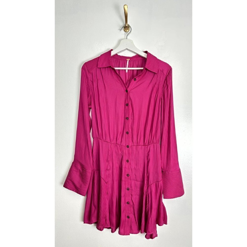 FREE PEOPLE Everly Pinstripe Long Sleeve Shirtdress in Pink Phenom Size X-Small - Picture 5 of 11
